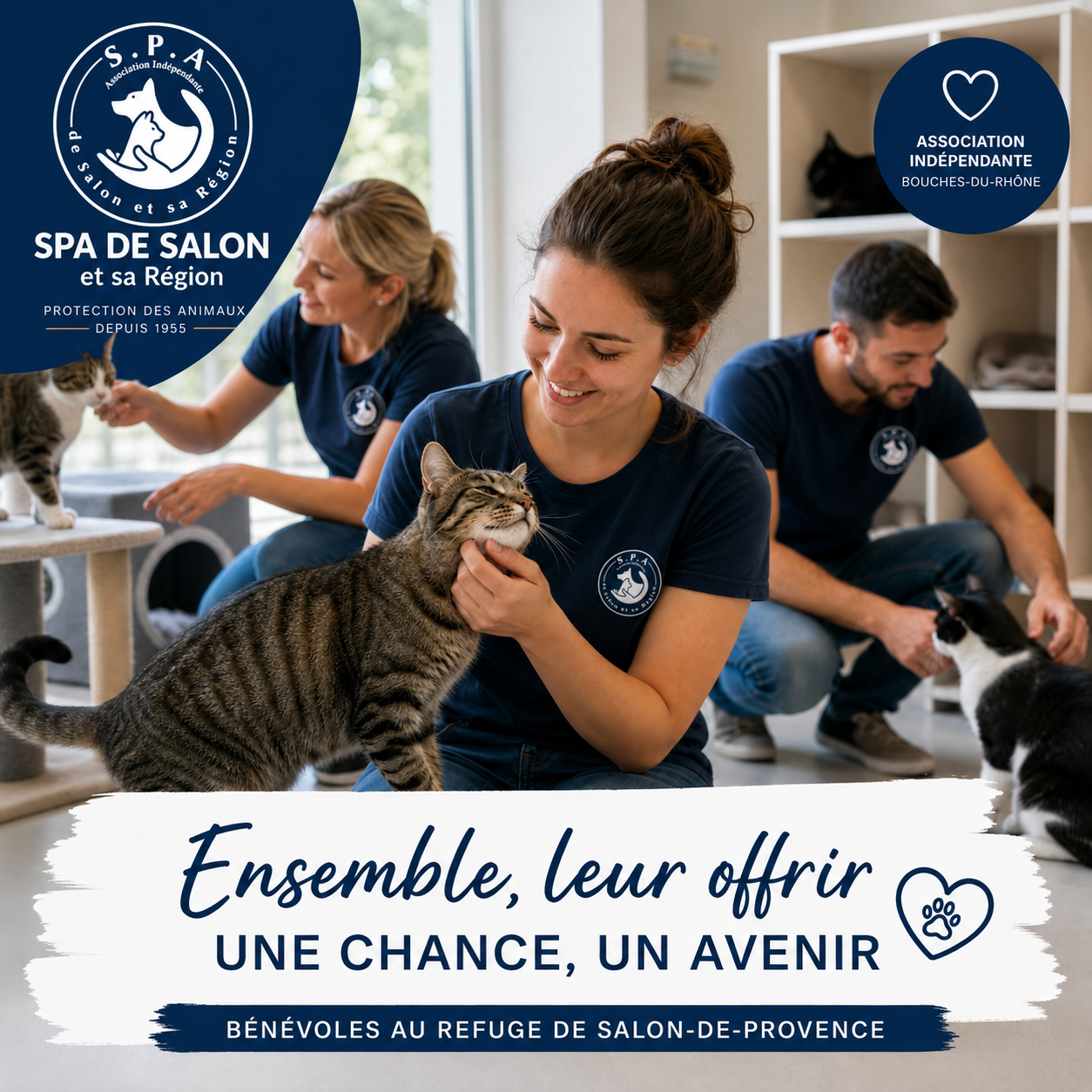 Bénévoles de la SPA de Salon-de-Provence et sa Région auprès de chiens et de chats