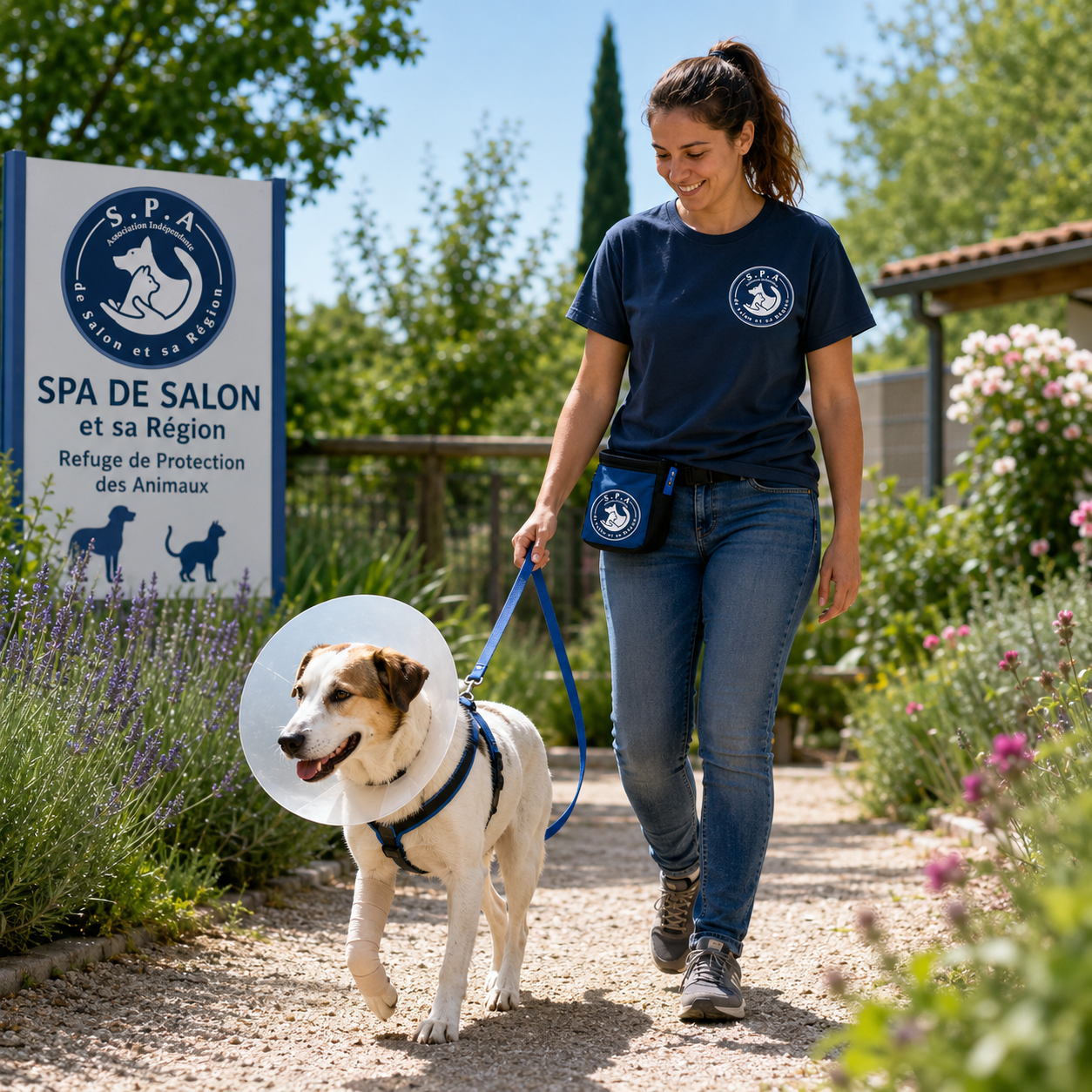 Intervenante de la SPA de Salon-de-Provence et sa Région promenant un chien en sécurité